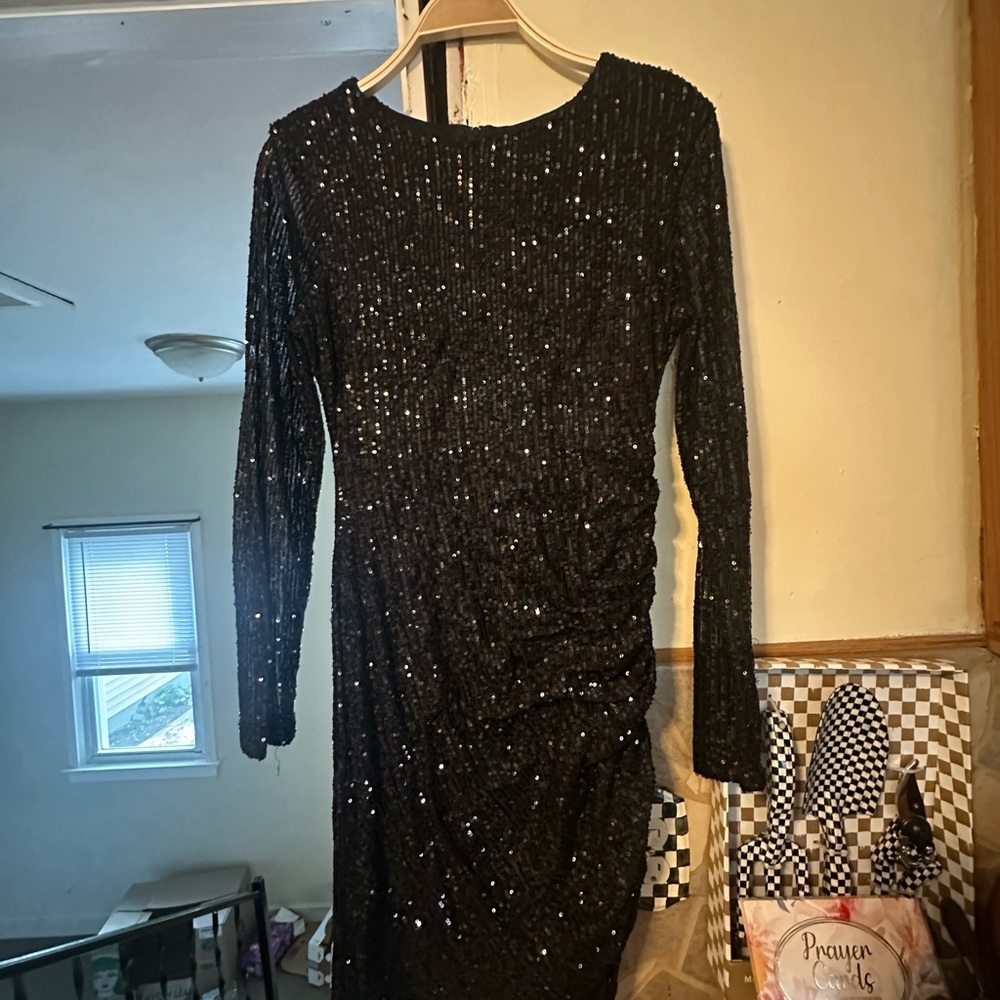 Premier Black Sequin Long Sleeve Ruched Dress